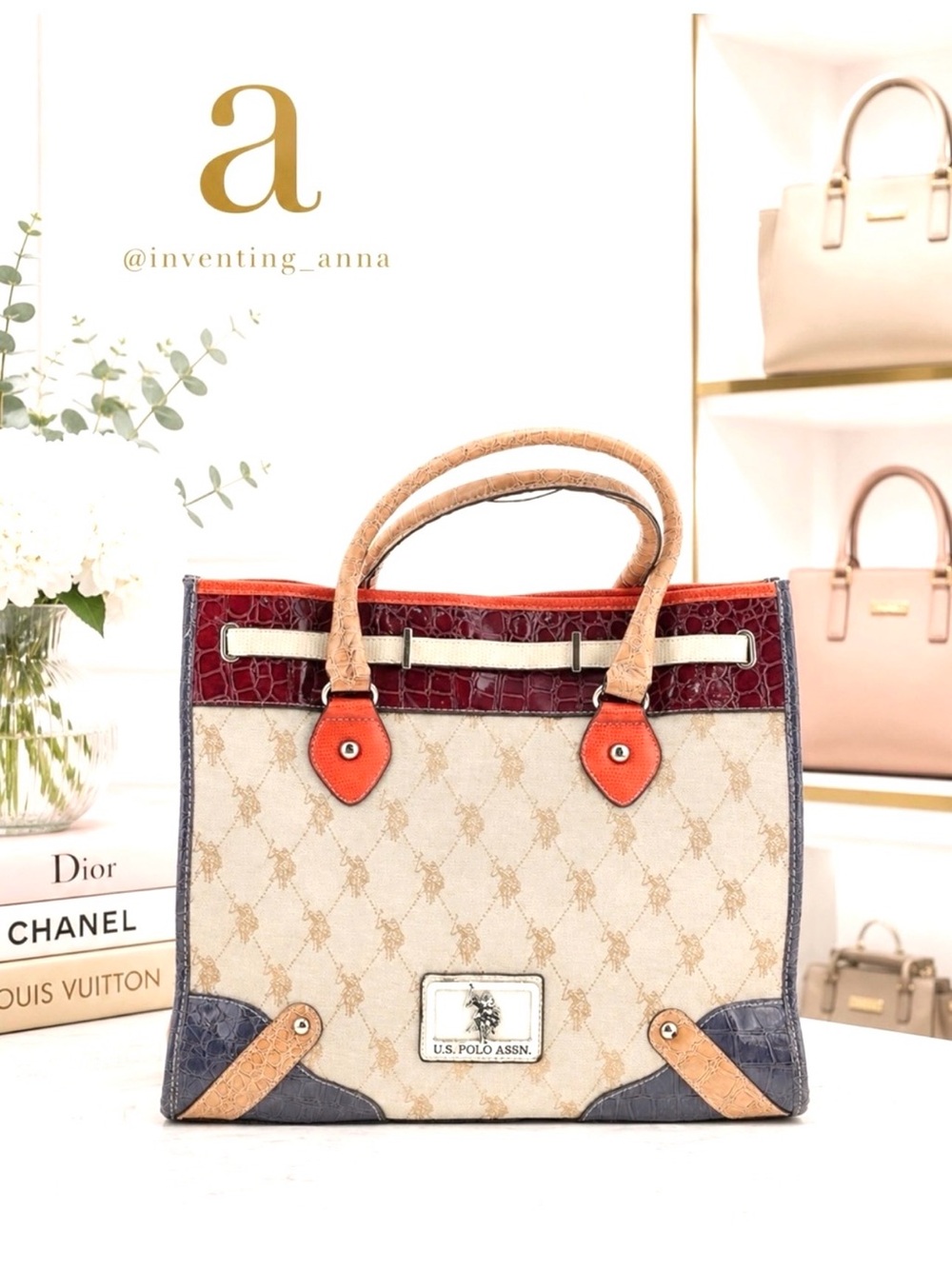 U.S. Polo Assn. Beige Canvas Tote with Burgundy, Orange and Gray Accents